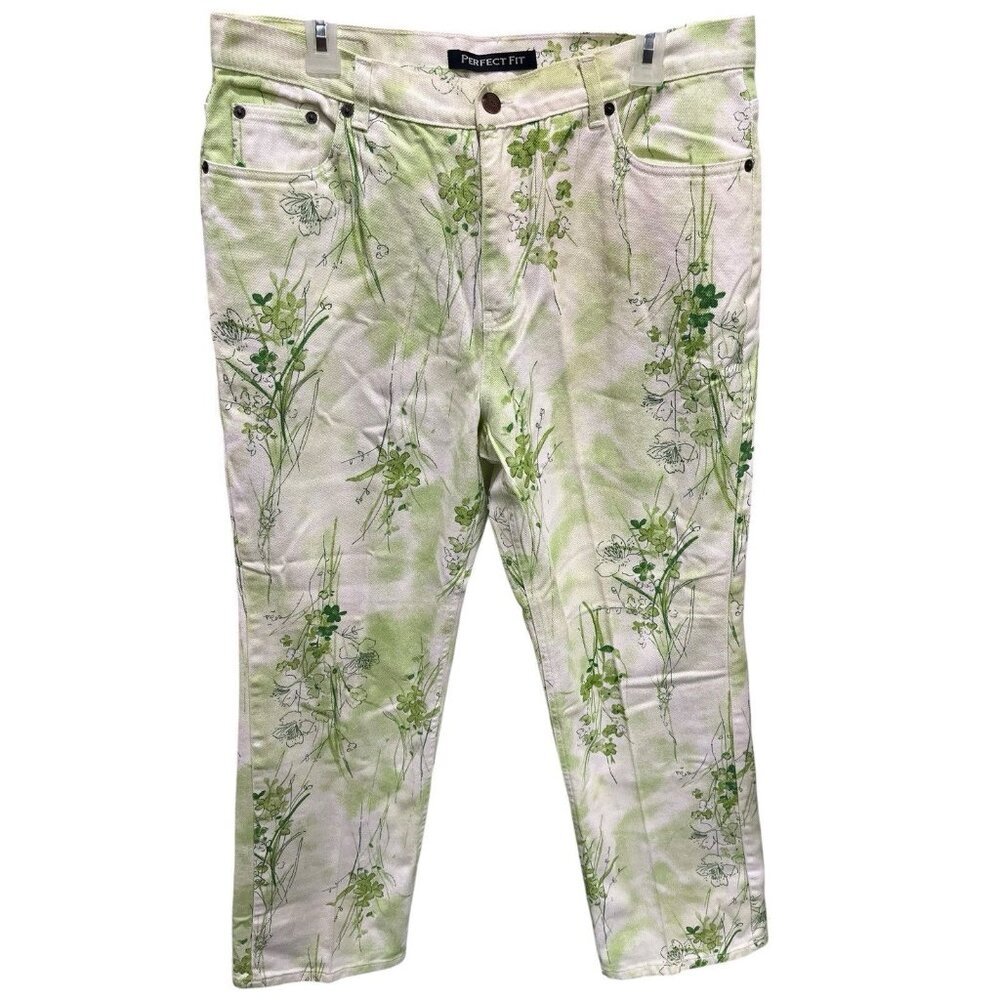 Vintage Bill Blass Women's 14 Green Floral Jeans Cropped Perfect Fit 100% Cotton